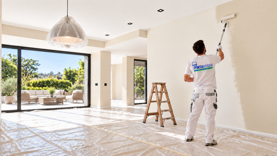Salón luminoso con paredes interiores pintadas en blanco